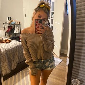 off shoulder distressed sweater